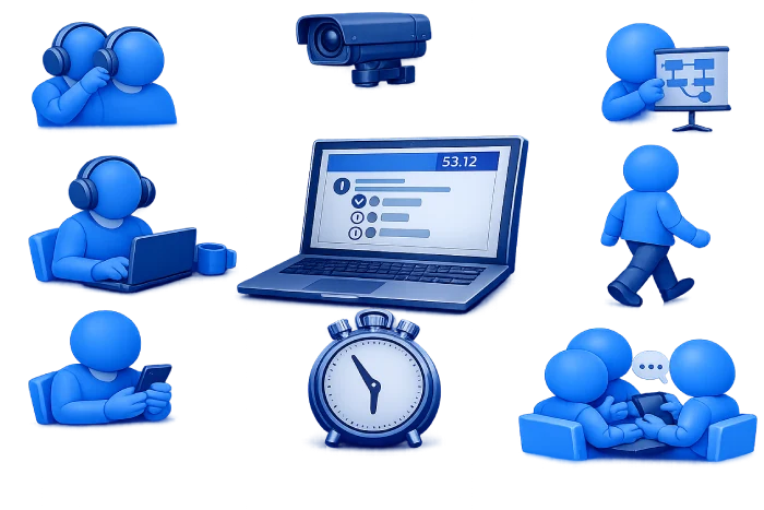 Illustration of a supervised DevCerts exam with camera proctoring, a countdown timer, and distraction risks